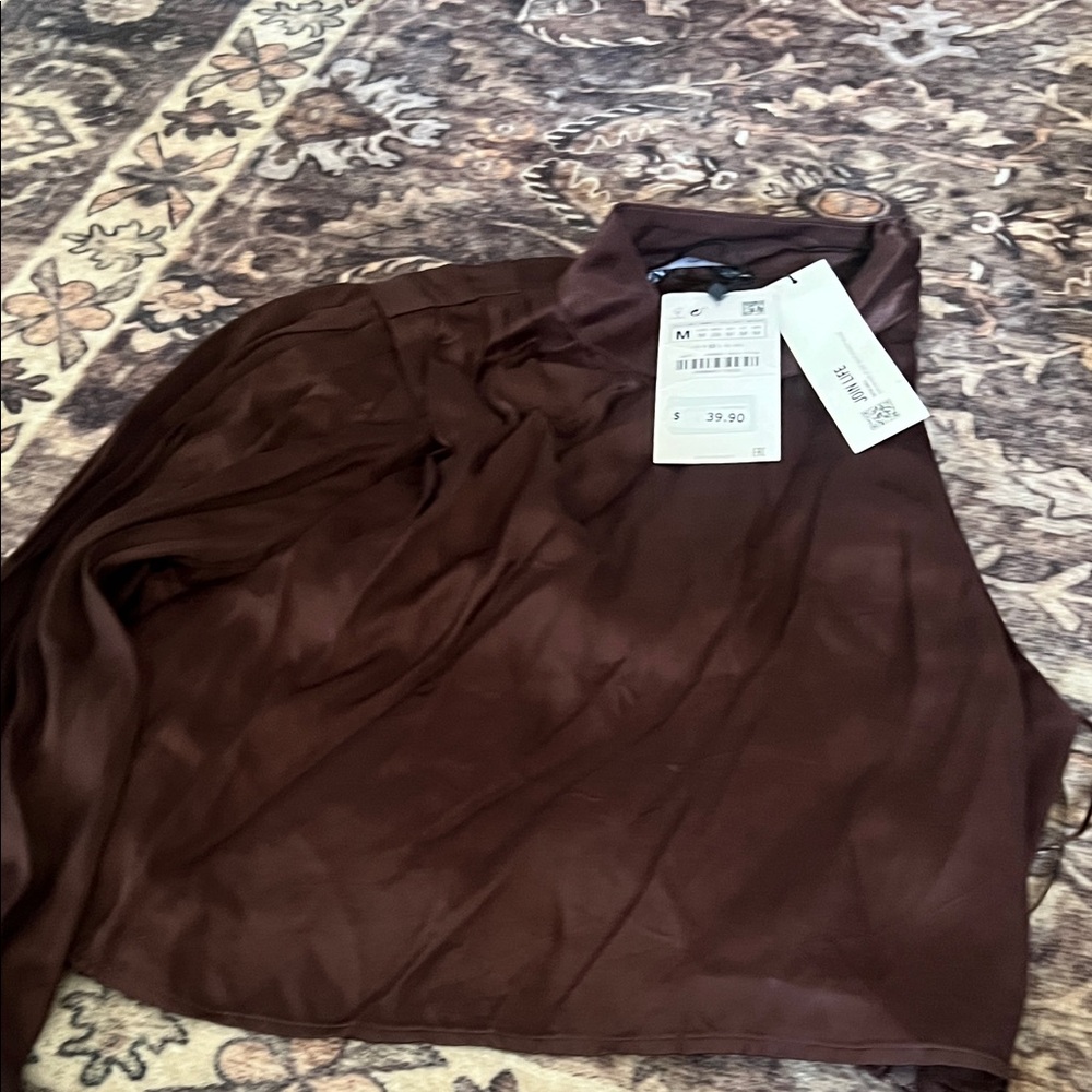 Zara Brown Satin Mock Neck Blouse